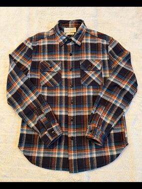 Imogene and Willie Men's Earl Navy & Orange Plaid Flannel Shirt large L